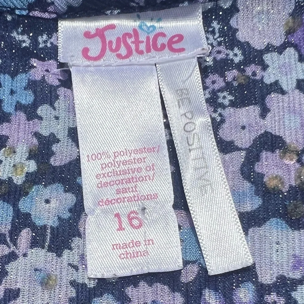 Justice girls size 16 purple floral‎ glitter tiered ruffles tie back tank top